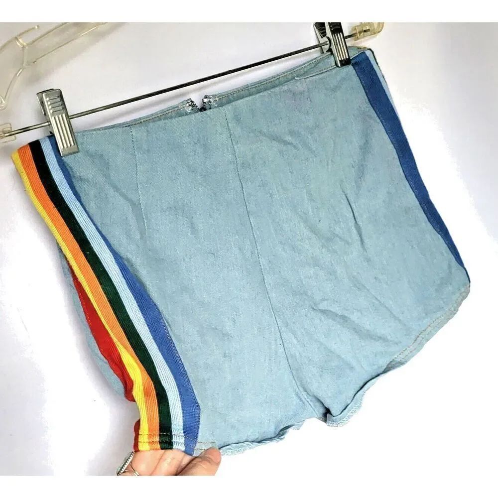 Honey Punch Retro denim hot pants short shorts rainbow side M